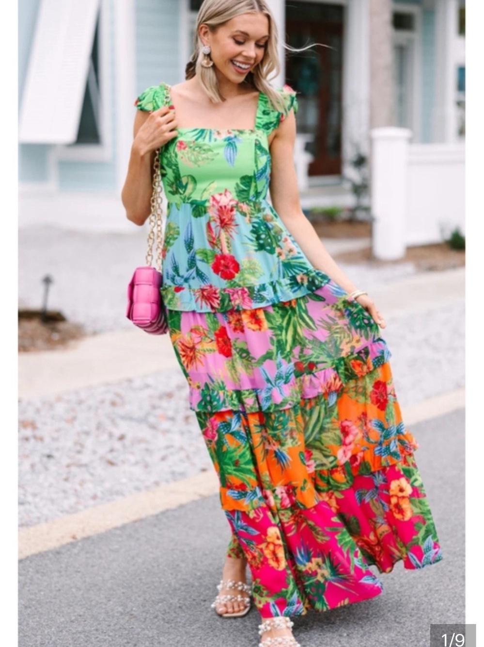 Baltic Born Multicolor Tropical Floral Tiered Maxi Dress (Green, Pink, Orange)